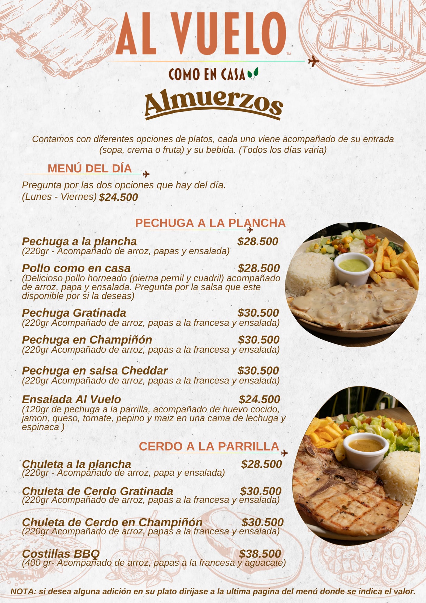 Almuerzos Al Vuelo: menú del día, pechuga a la plancha y cerdo a la parrilla