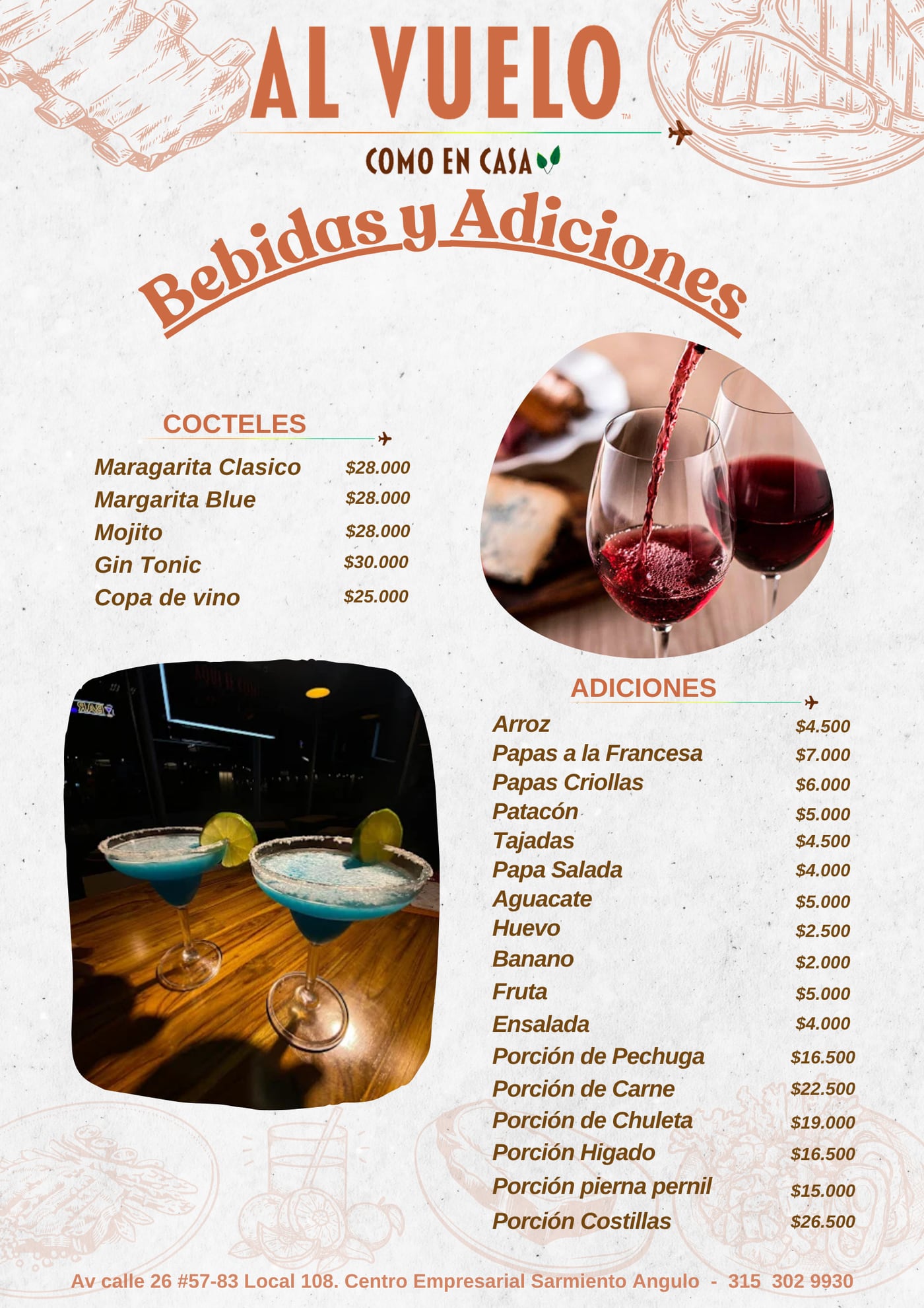 Bebidas y adiciones Al Vuelo: cócteles y porciones adicionales