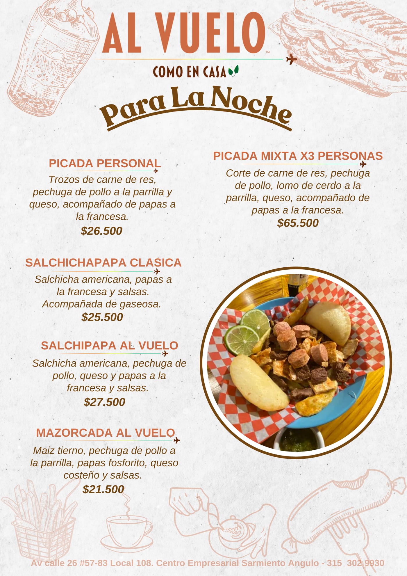 Para la noche en Al Vuelo: picadas, salchipapas y mazorcada